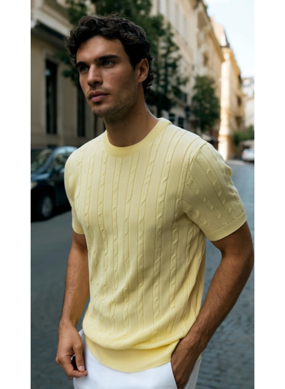 Erkek Örgü Desen Bisiklet Yaka Triko Tişört - %100 Pamuk Akrilik