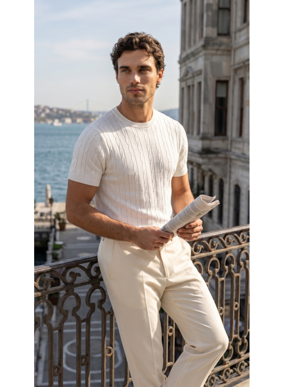 Erkek Örgü Desen Bisiklet Yaka Triko Tişört - %100 Pamuk Akrilik