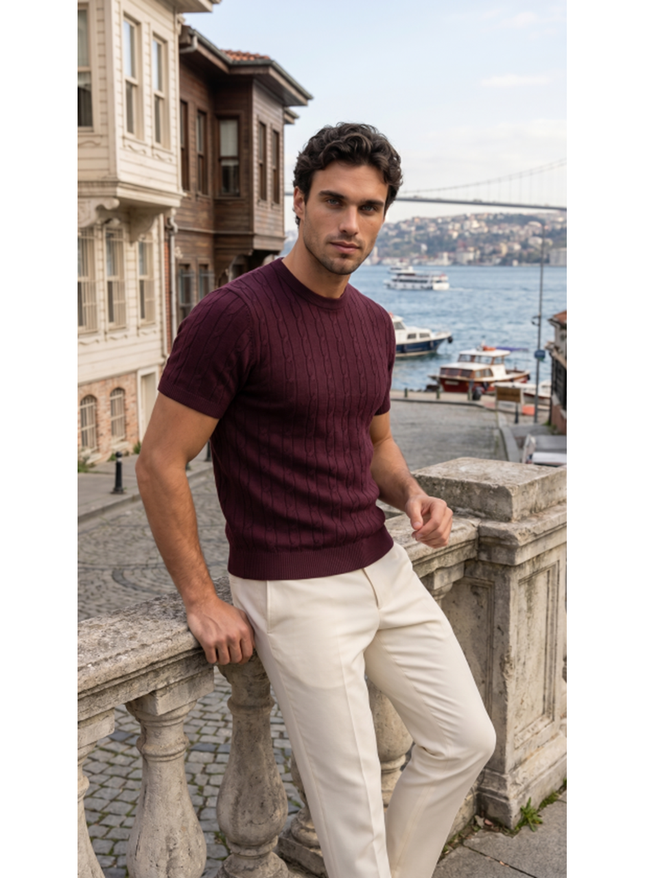 Erkek Örgü Desen Bisiklet Yaka Triko Tişört - %100 Pamuk Akrilik