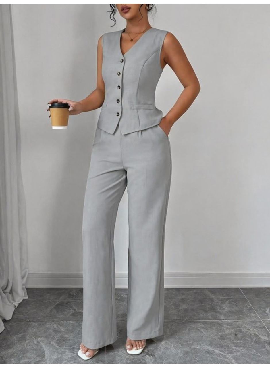 Kadın Askılı önden Düğmeli Bluz Ve Pantolon Keten Ikili Takım