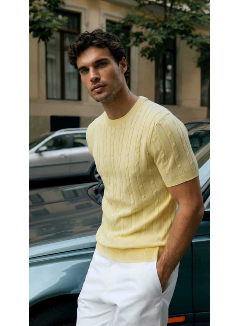 Erkek Örgü Desen Bisiklet Yaka Triko Tişört - %100 Pamuk Akrilik