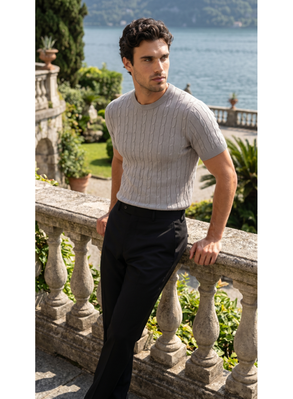 Erkek Örgü Desen Bisiklet Yaka Triko Tişört - %100 Pamuk Akrilik