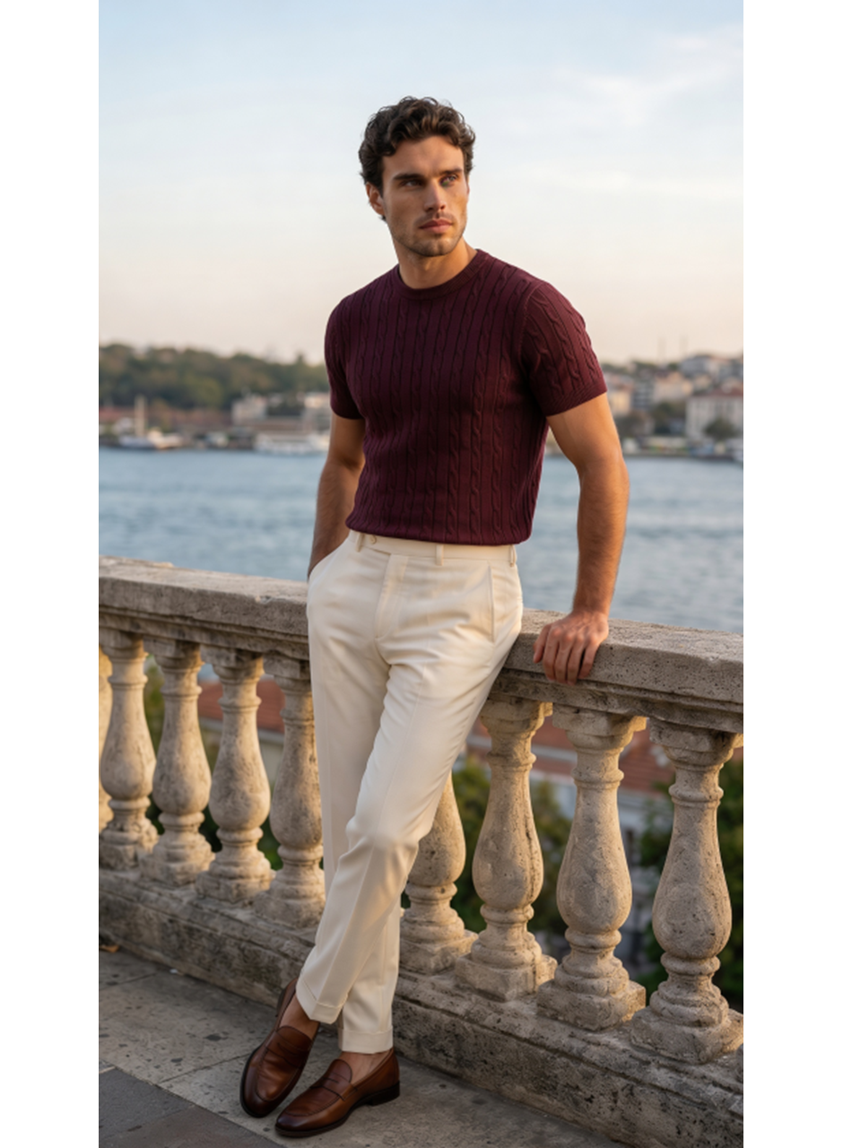 Erkek Örgü Desen Bisiklet Yaka Triko Tişört - %100 Pamuk Akrilik