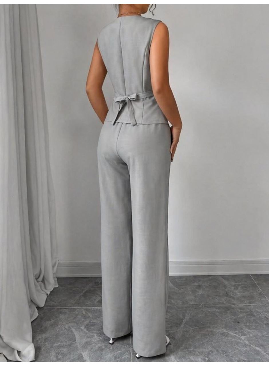 Kadın Askılı önden Düğmeli Bluz Ve Pantolon Keten Ikili Takım