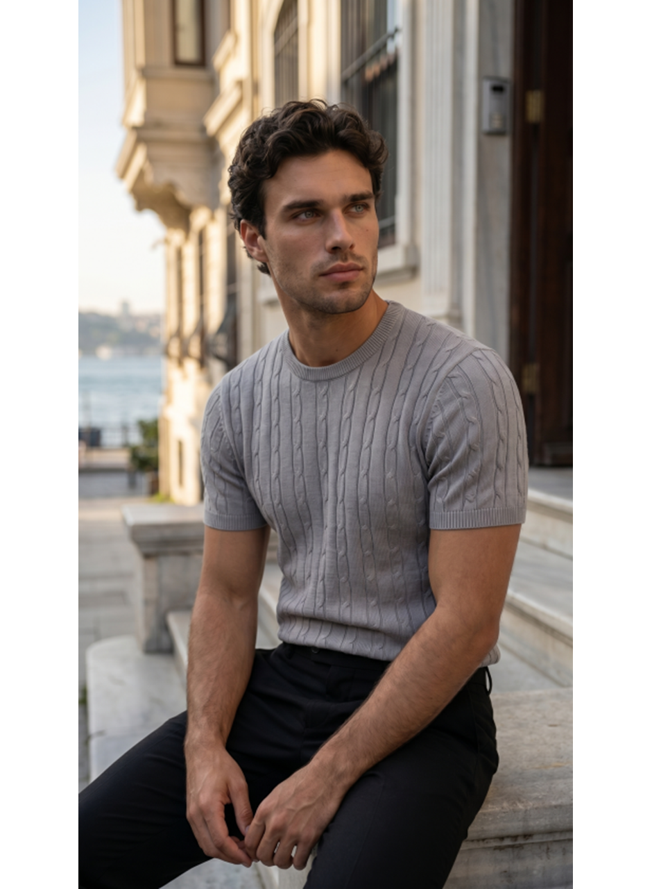 Erkek Örgü Desen Bisiklet Yaka Triko Tişört - %100 Pamuk Akrilik