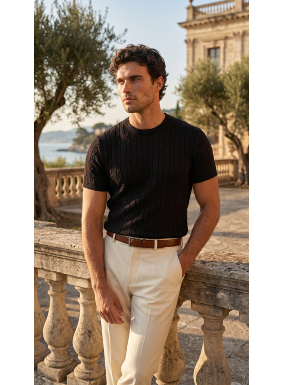 Erkek Örgü Desen Bisiklet Yaka Triko Tişört - %100 Pamuk Akrilik