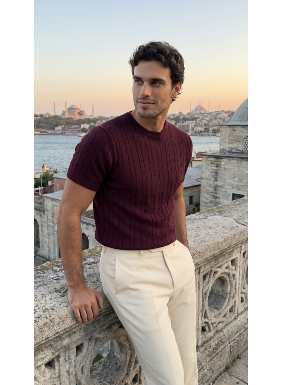 Erkek Örgü Desen Bisiklet Yaka Triko Tişört - %100 Pamuk Akrilik