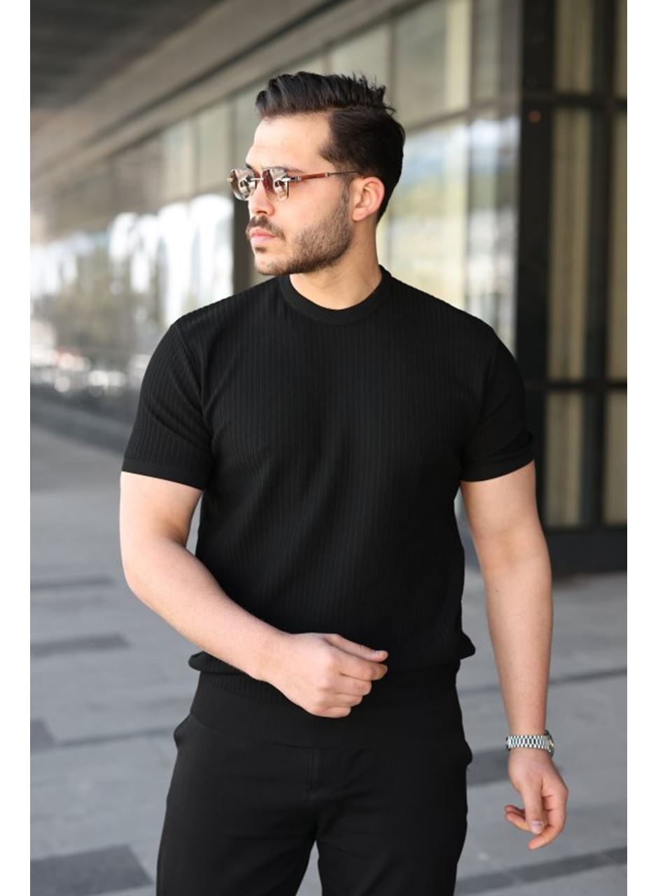Erkek Bisiklet Yaka Petek Dokulu Kısa Kollu Triko Tişört