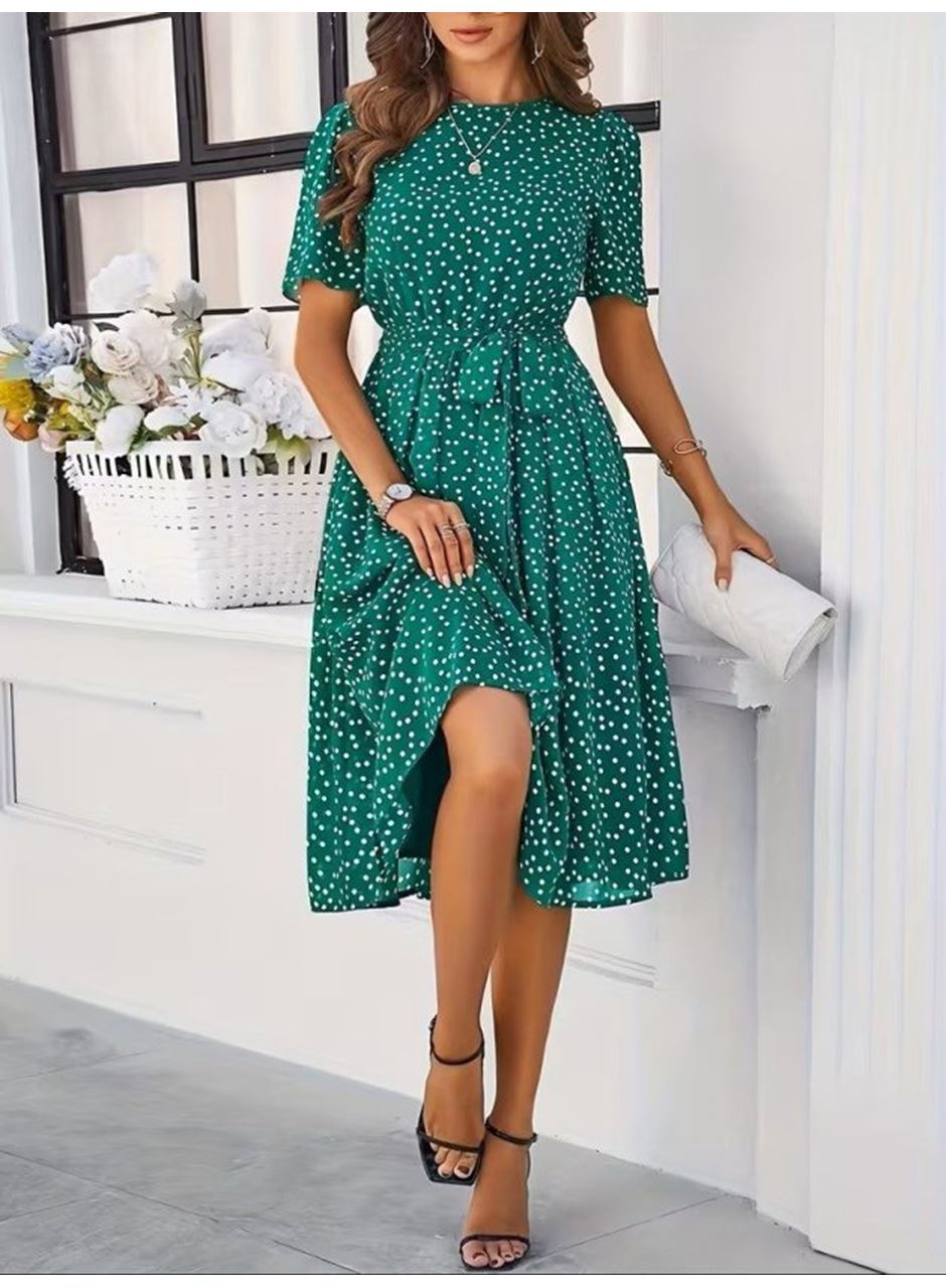Kadın Kısa Kollu Bisiklet Yakalı Puantiyeli Kısa Süprem Elbise