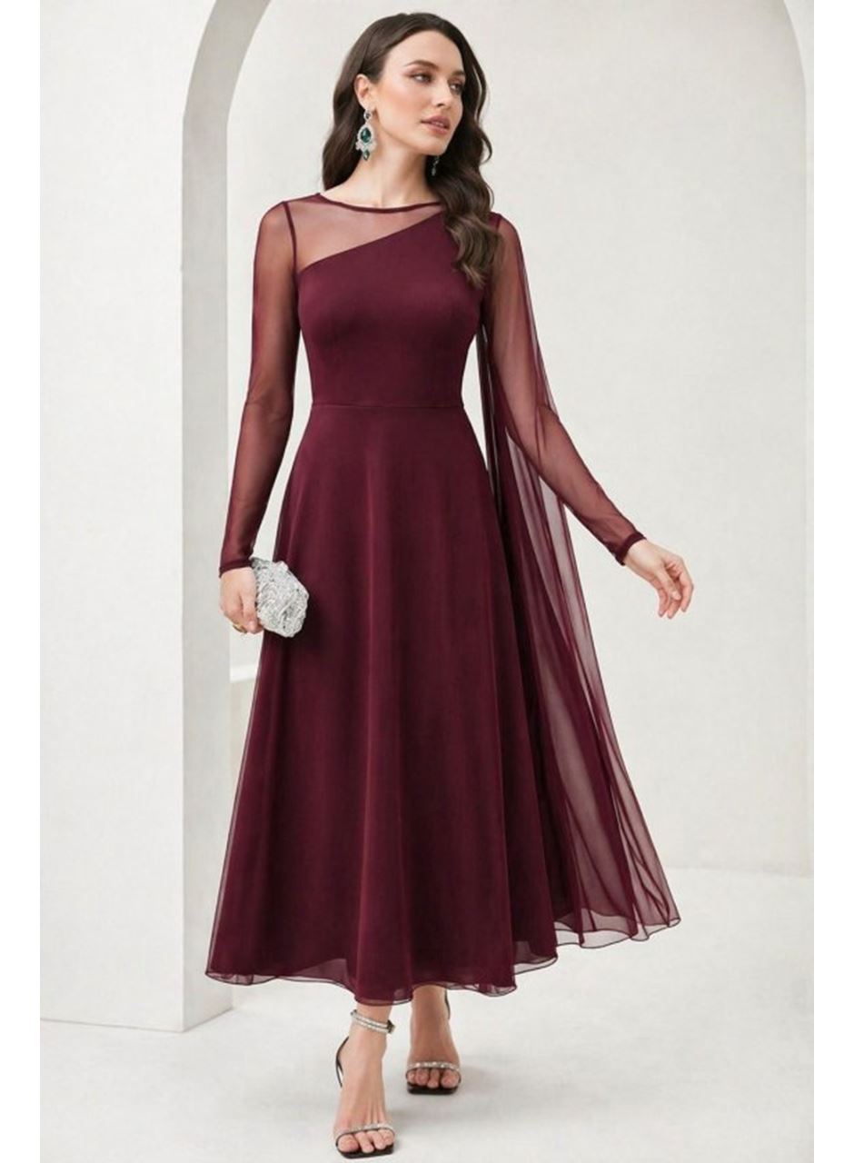 Kadın Uzun Kollu Yarı Balıkçı Yaka Tül Detaylı Uzun Sandy Elbise