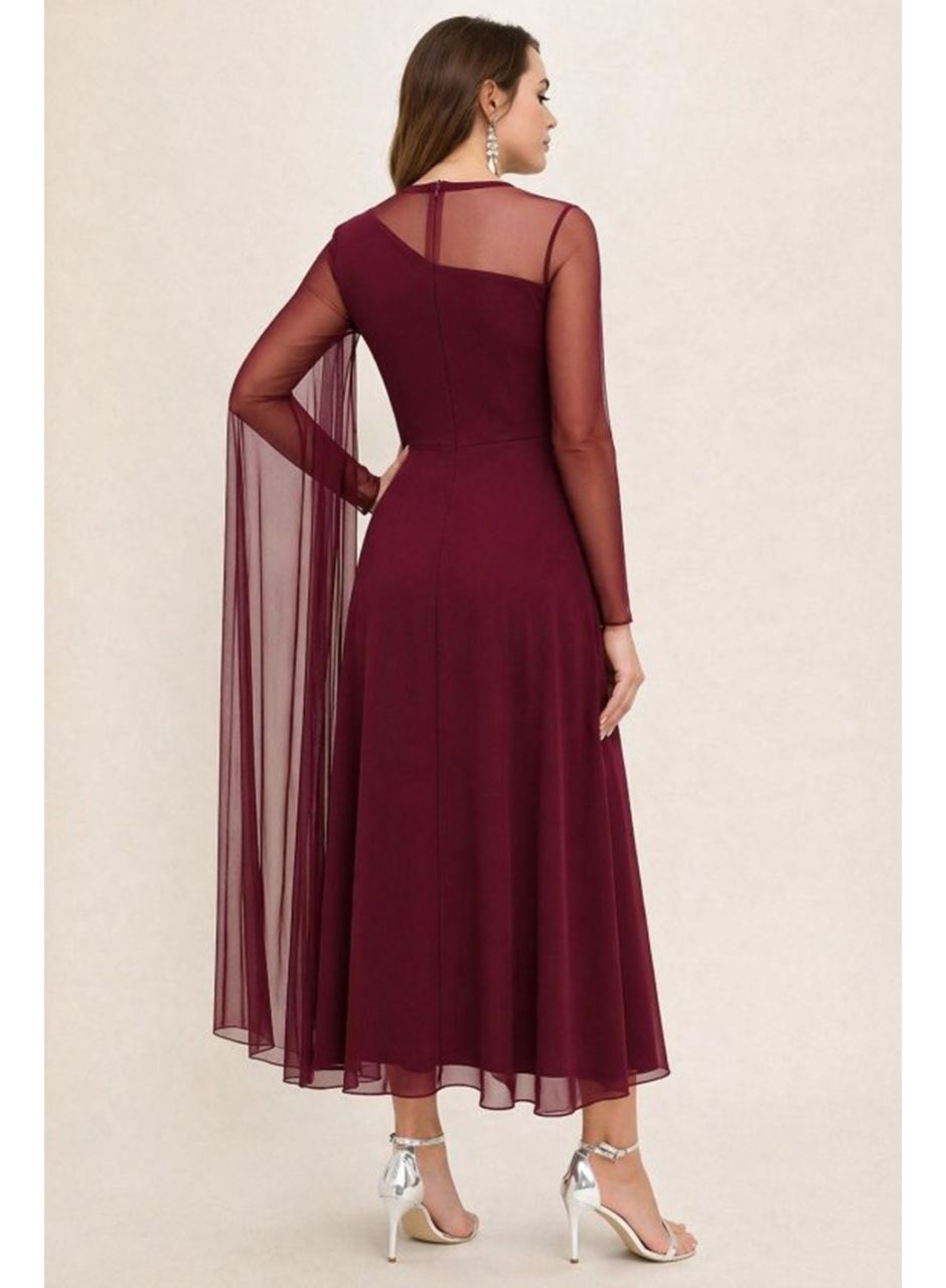 Kadın Uzun Kollu Yarı Balıkçı Yaka Tül Detaylı Uzun Sandy Elbise