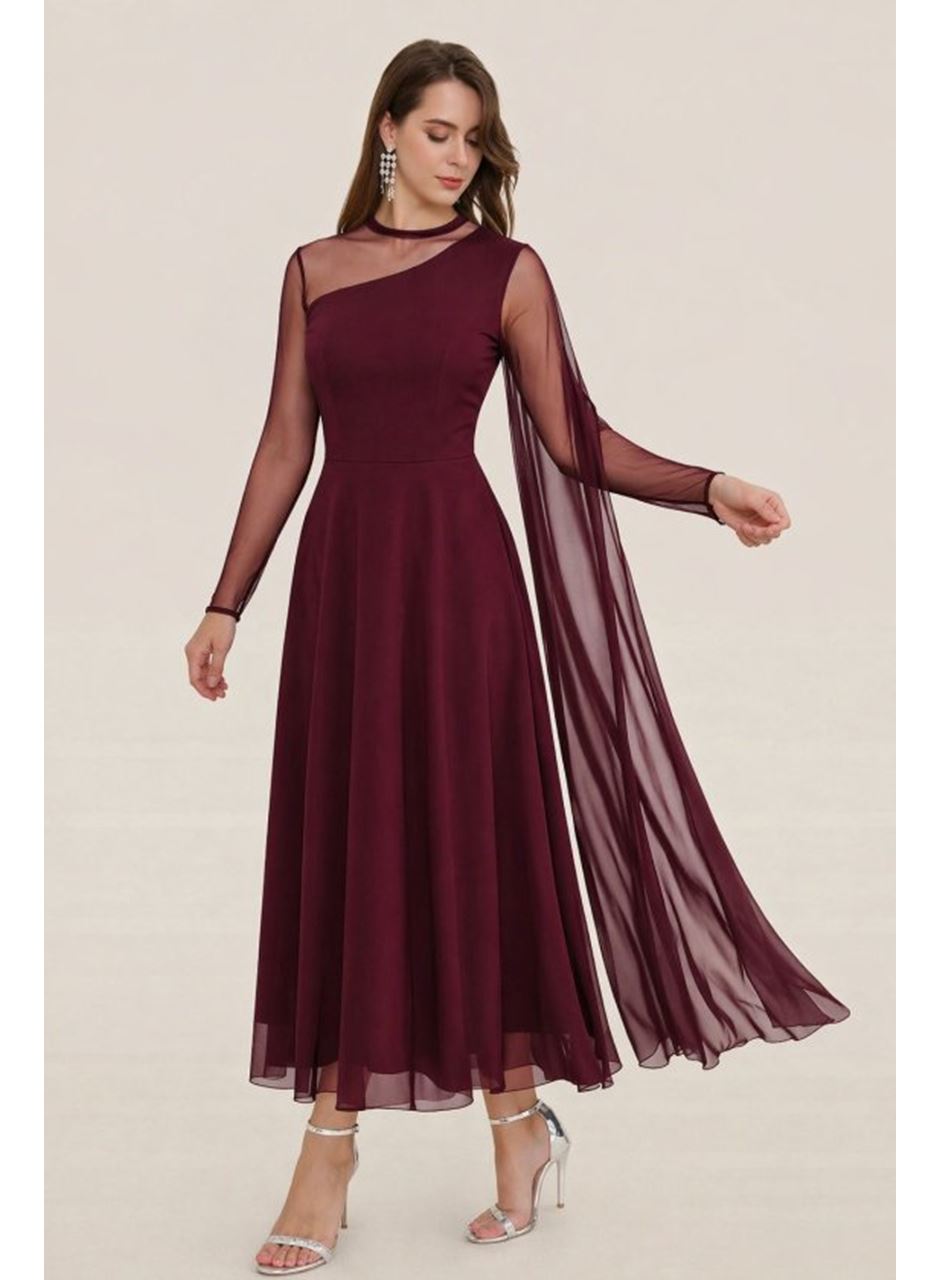 Kadın Uzun Kollu Yarı Balıkçı Yaka Tül Detaylı Uzun Sandy Elbise