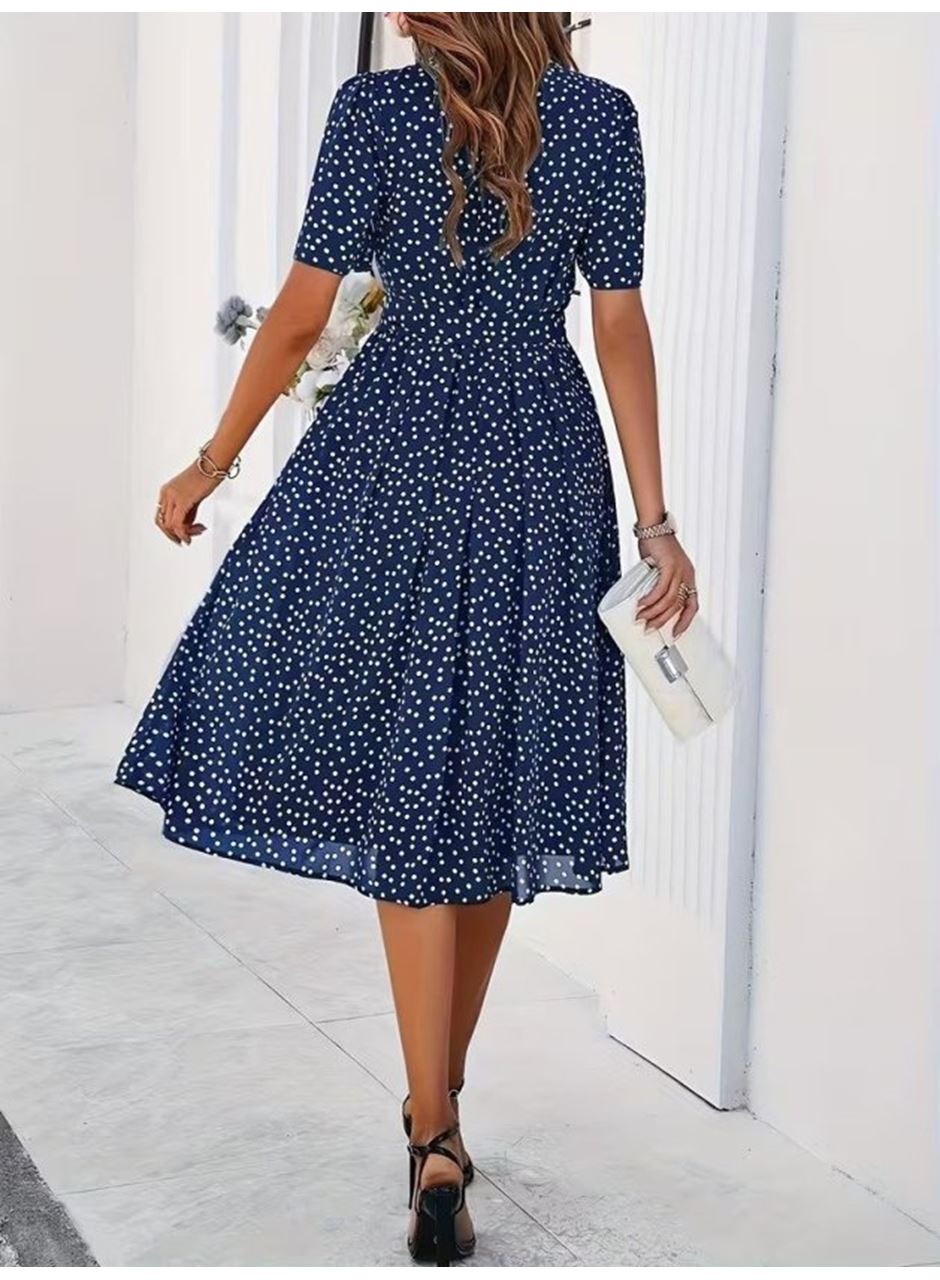 Kadın Kısa Kollu Bisiklet Yakalı Puantiyeli Kısa Süprem Elbise
