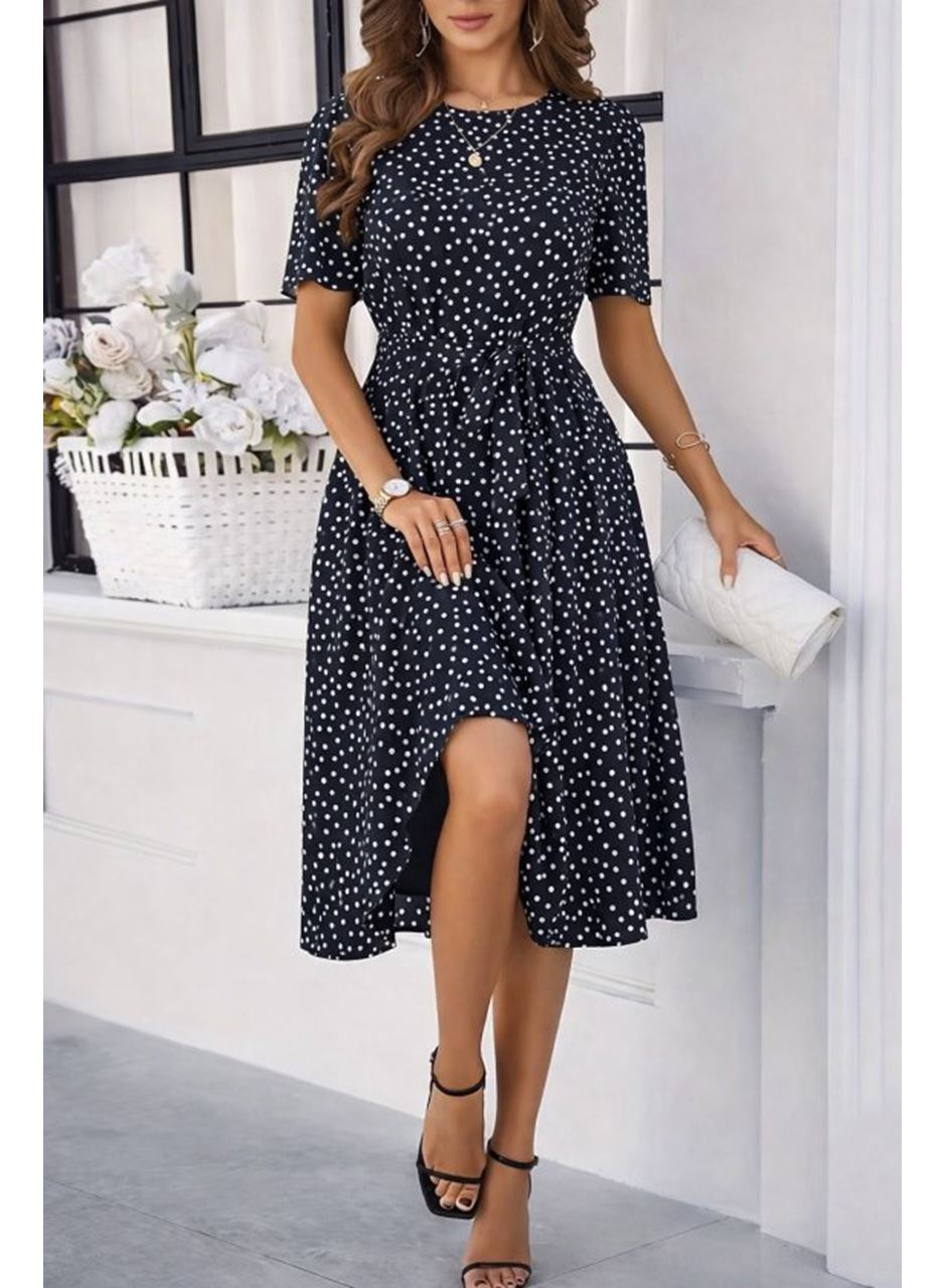 Kadın Kısa Kollu Bisiklet Yakalı Puantiyeli Kısa Süprem Elbise