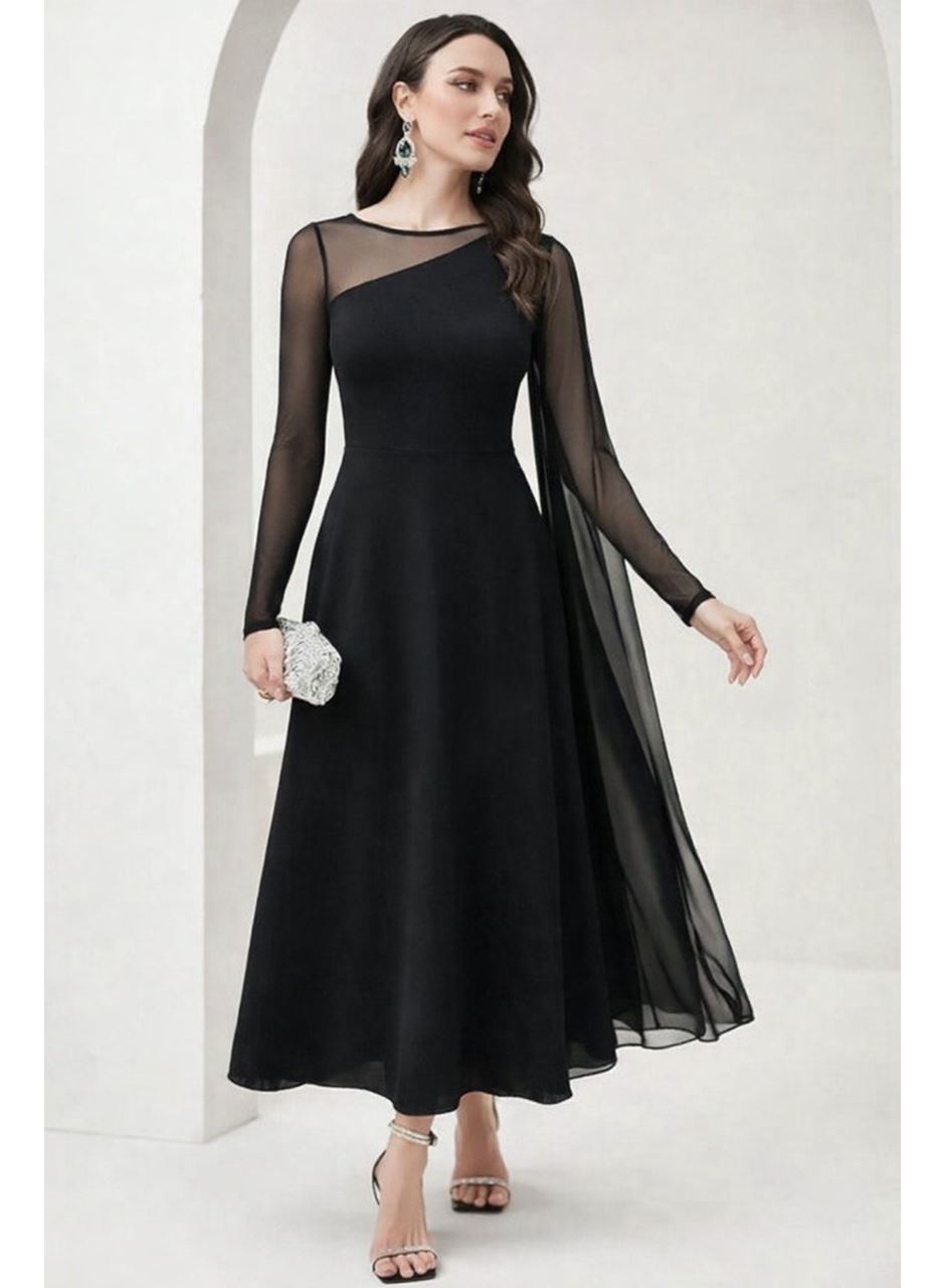 Kadın Uzun Kollu Yarı Balıkçı Yaka Tül Detaylı Uzun Sandy Elbise