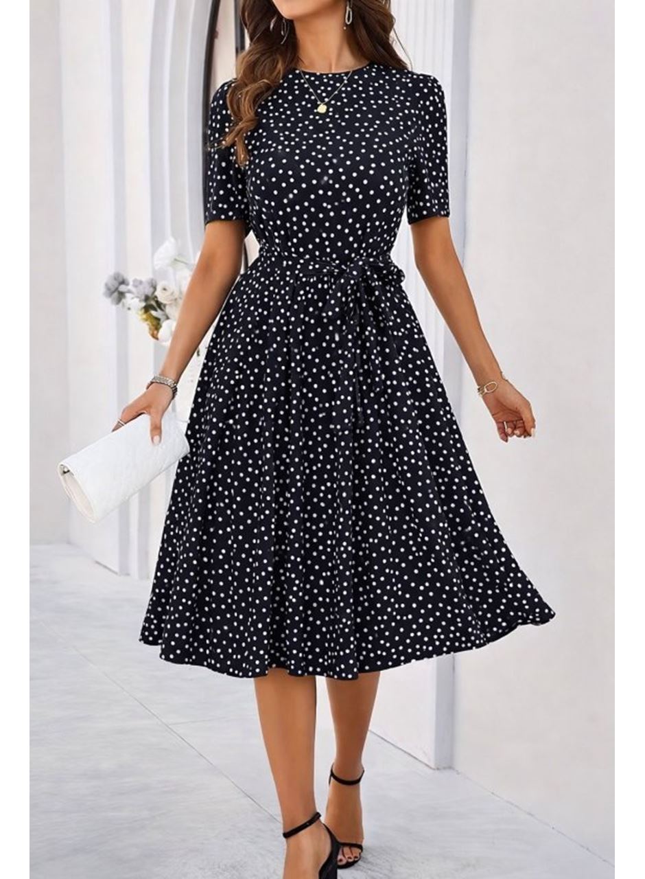 Kadın Kısa Kollu Bisiklet Yakalı Puantiyeli Kısa Süprem Elbise