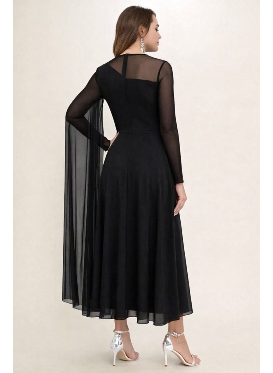 Kadın Uzun Kollu Yarı Balıkçı Yaka Tül Detaylı Uzun Sandy Elbise