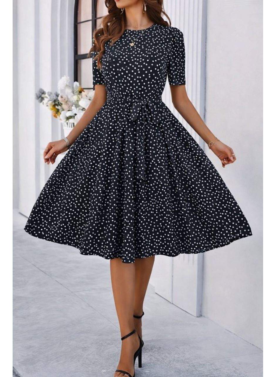 Kadın Kısa Kollu Bisiklet Yakalı Puantiyeli Kısa Süprem Elbise