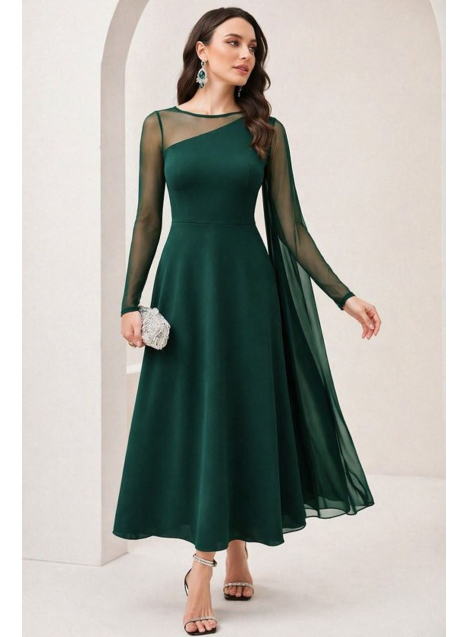 Kadın Uzun Kollu Yarı Balıkçı Yaka Tül Detaylı Uzun Sandy Elbise