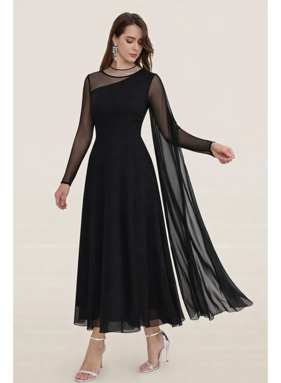 Kadın Uzun Kollu Yarı Balıkçı Yaka Tül Detaylı Uzun Sandy Elbise