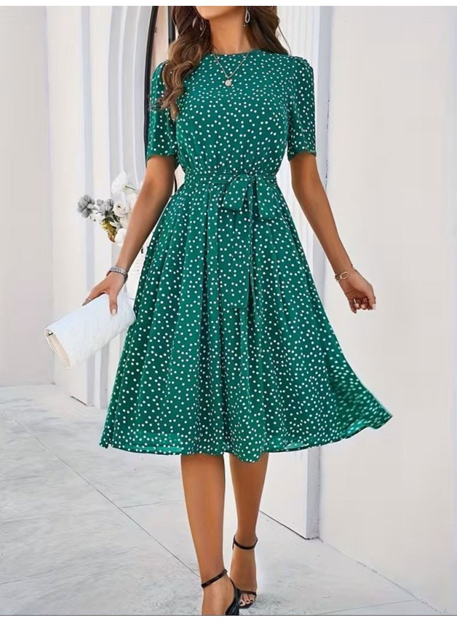 Kadın Kısa Kollu Bisiklet Yakalı Puantiyeli Kısa Süprem Elbise