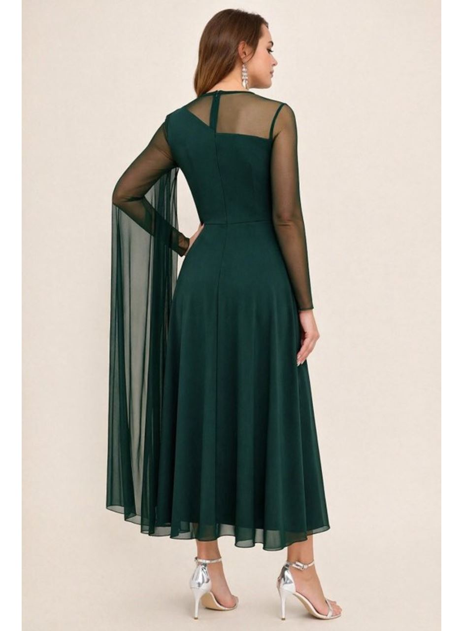 Kadın Uzun Kollu Yarı Balıkçı Yaka Tül Detaylı Uzun Sandy Elbise