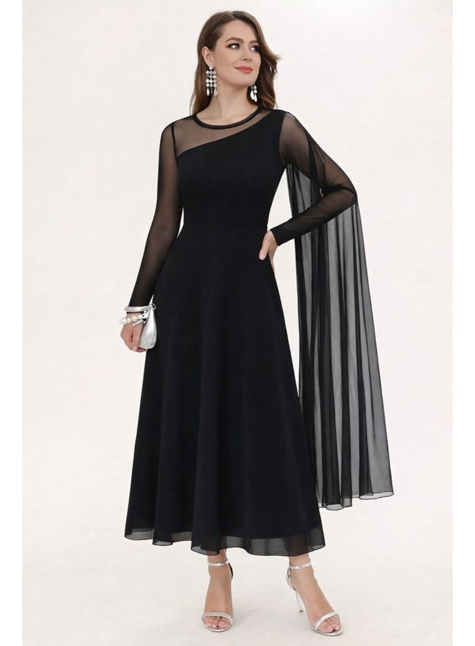 Kadın Uzun Kollu Yarı Balıkçı Yaka Tül Detaylı Uzun Sandy Elbise