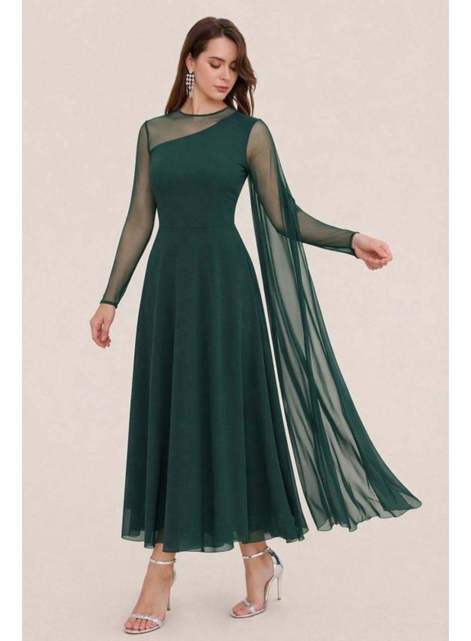 Kadın Uzun Kollu Yarı Balıkçı Yaka Tül Detaylı Uzun Sandy Elbise