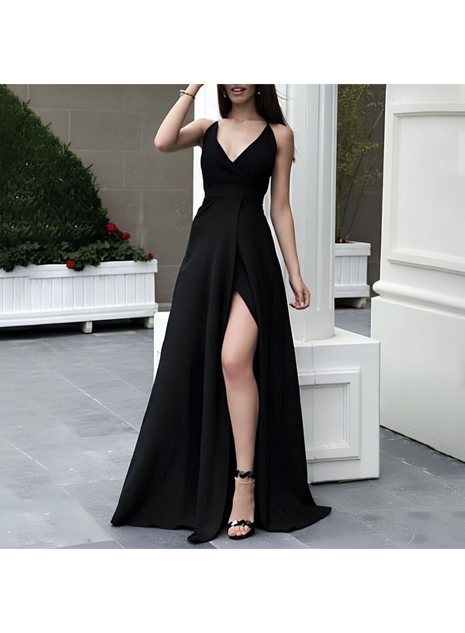 Kadın Ip Askılı Derin Uzun Yırtmaç Detaylı Yerli Krep Uzun Elbise