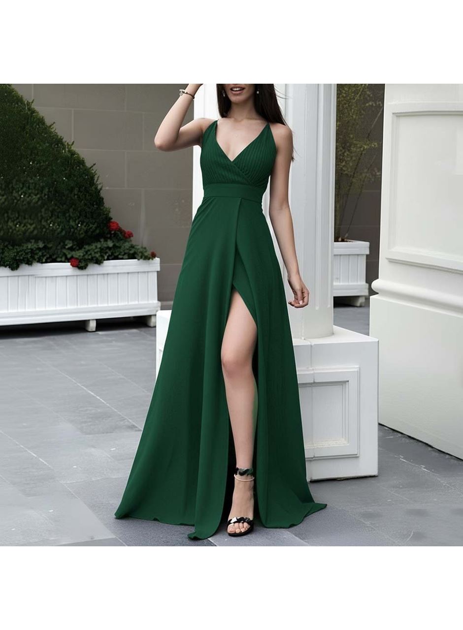 Kadın Ip Askılı Derin Uzun Yırtmaç Detaylı Yerli Krep Uzun Elbise