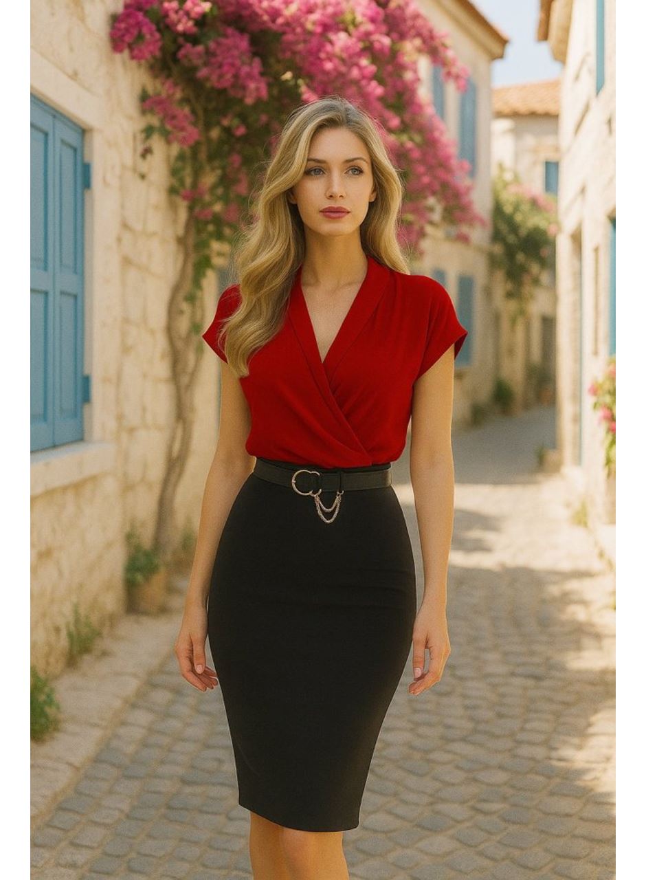 Kadın Kısa Kollu Kruvaze Yaka Krep Elbise (Kemersiz)