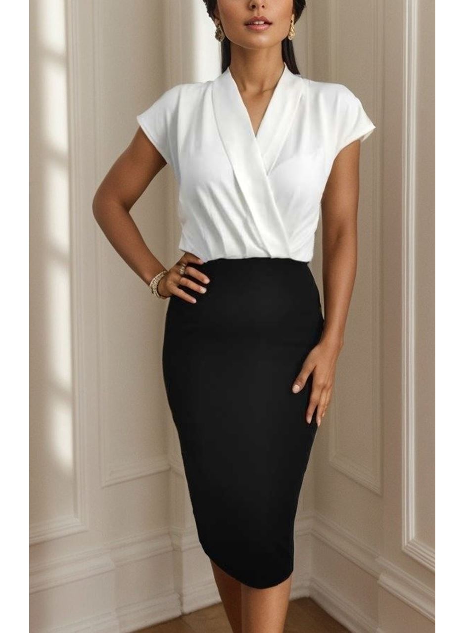 Kadın Kısa Kollu Kruvaze Yaka Krep Elbise (Kemersiz)