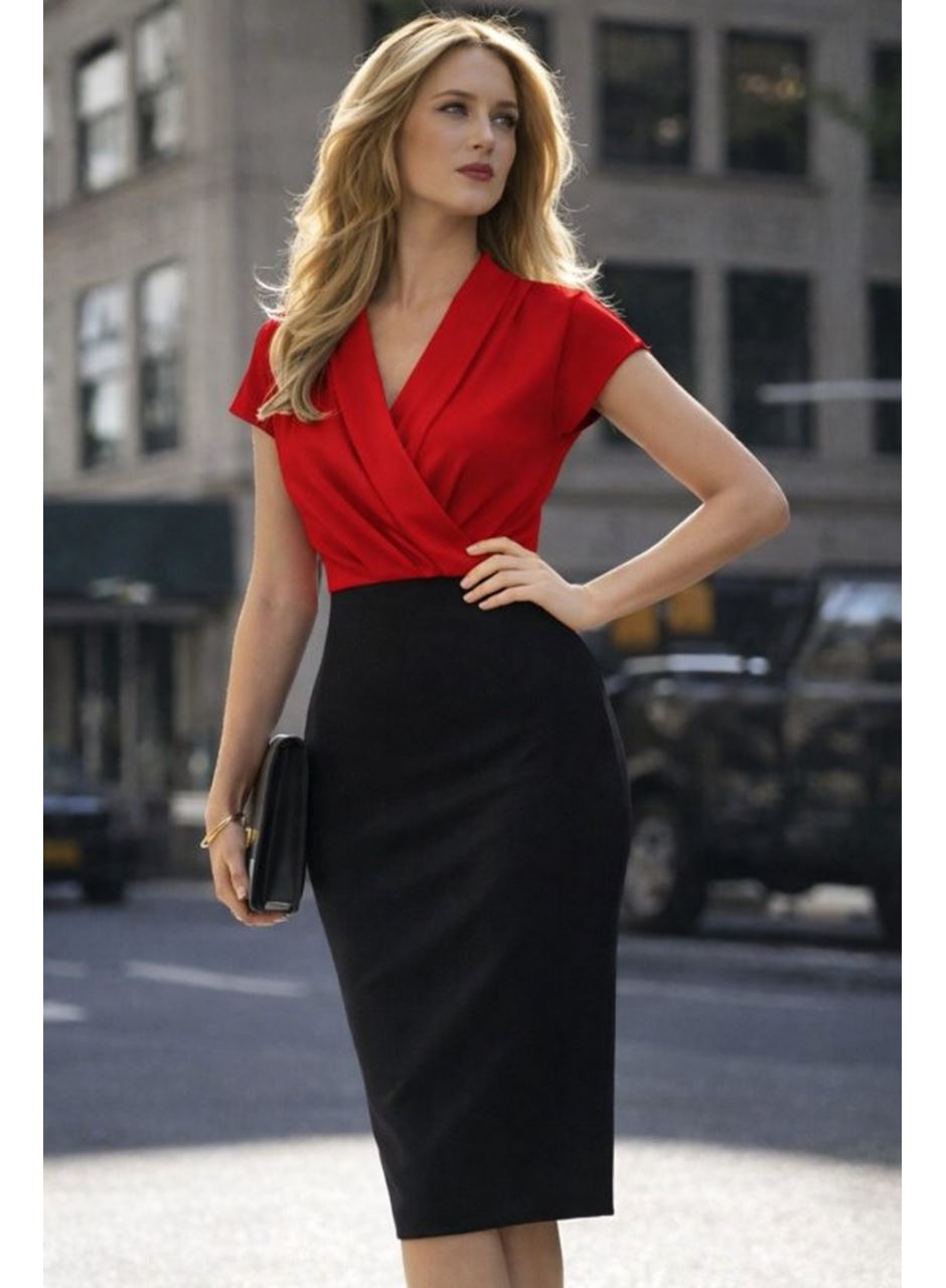 Kadın Kısa Kollu Kruvaze Yaka Krep Elbise (Kemersiz)