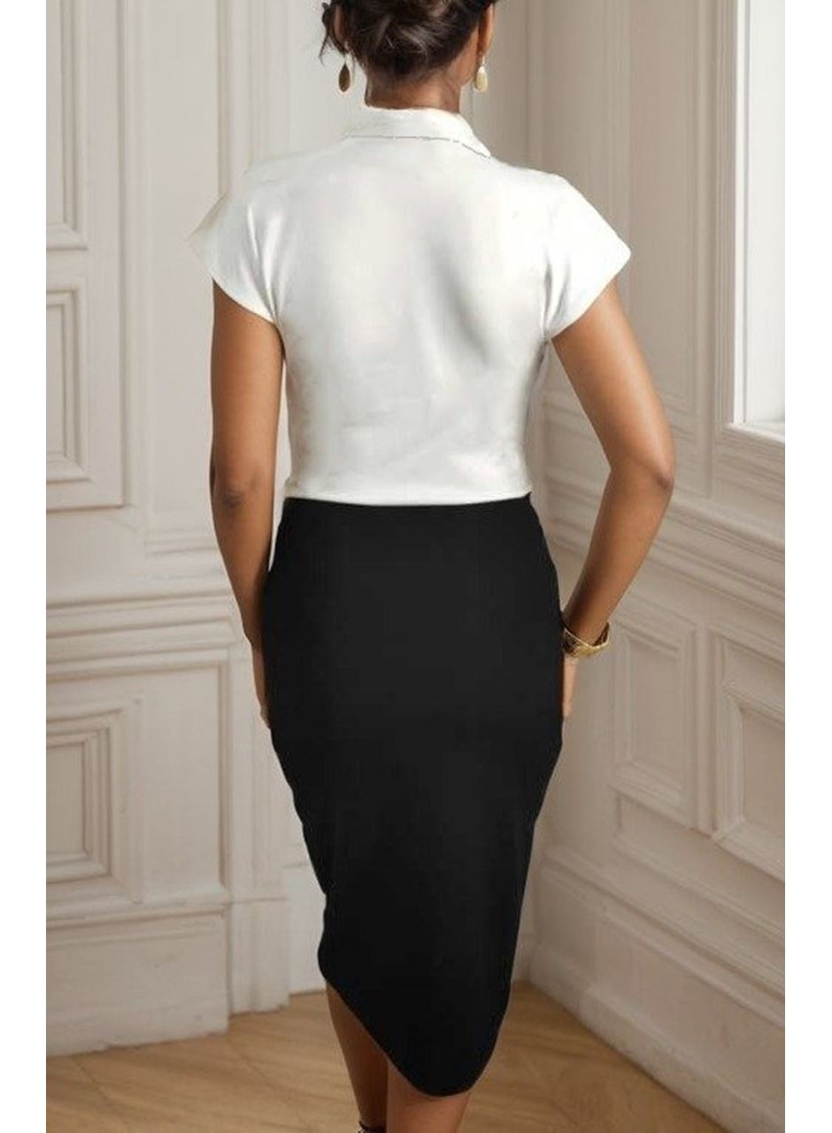 Kadın Kısa Kollu Kruvaze Yaka Krep Elbise (Kemersiz)