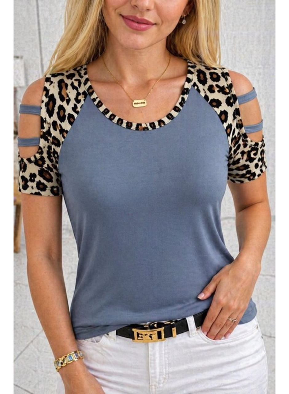 Kadın Kısa Kollu Yuvarlak Yaka Kollarda şerit Detaylı Leoparlı Viskon Bluz
