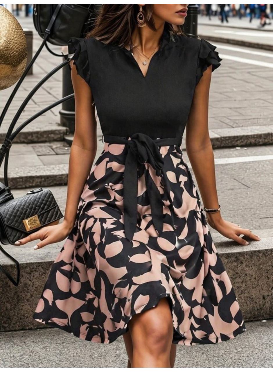 Kadın Kısa Kollu Kolu Fırfır Detay Mini Kuşaklı Kloş Krep Elbise