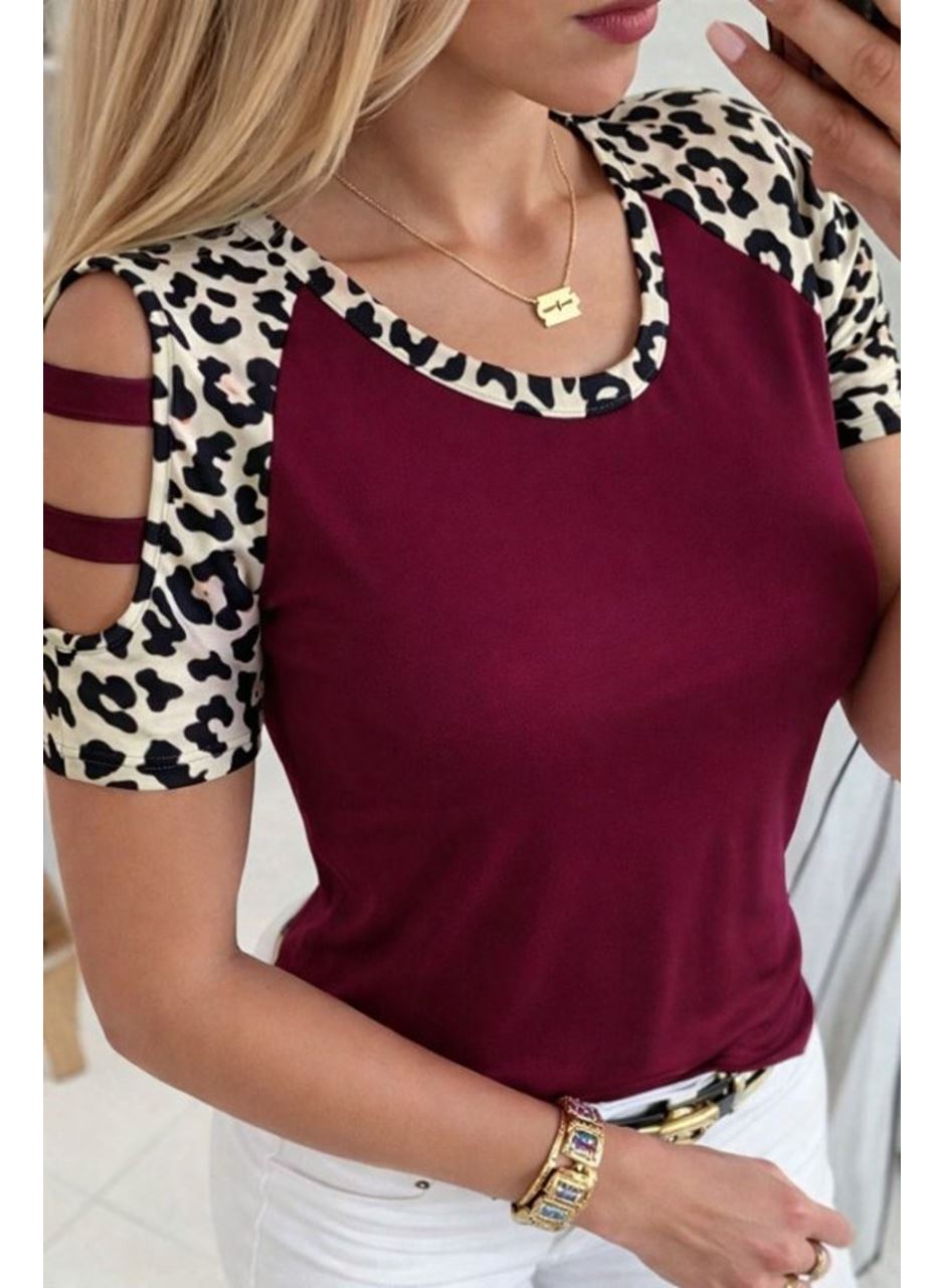 Kadın Kısa Kollu Yuvarlak Yaka Kollarda şerit Detaylı Leoparlı Viskon Bluz