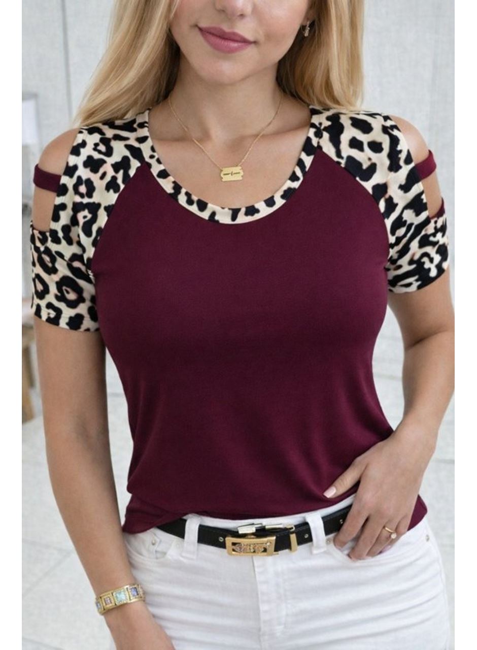 Kadın Kısa Kollu Yuvarlak Yaka Kollarda şerit Detaylı Leoparlı Viskon Bluz