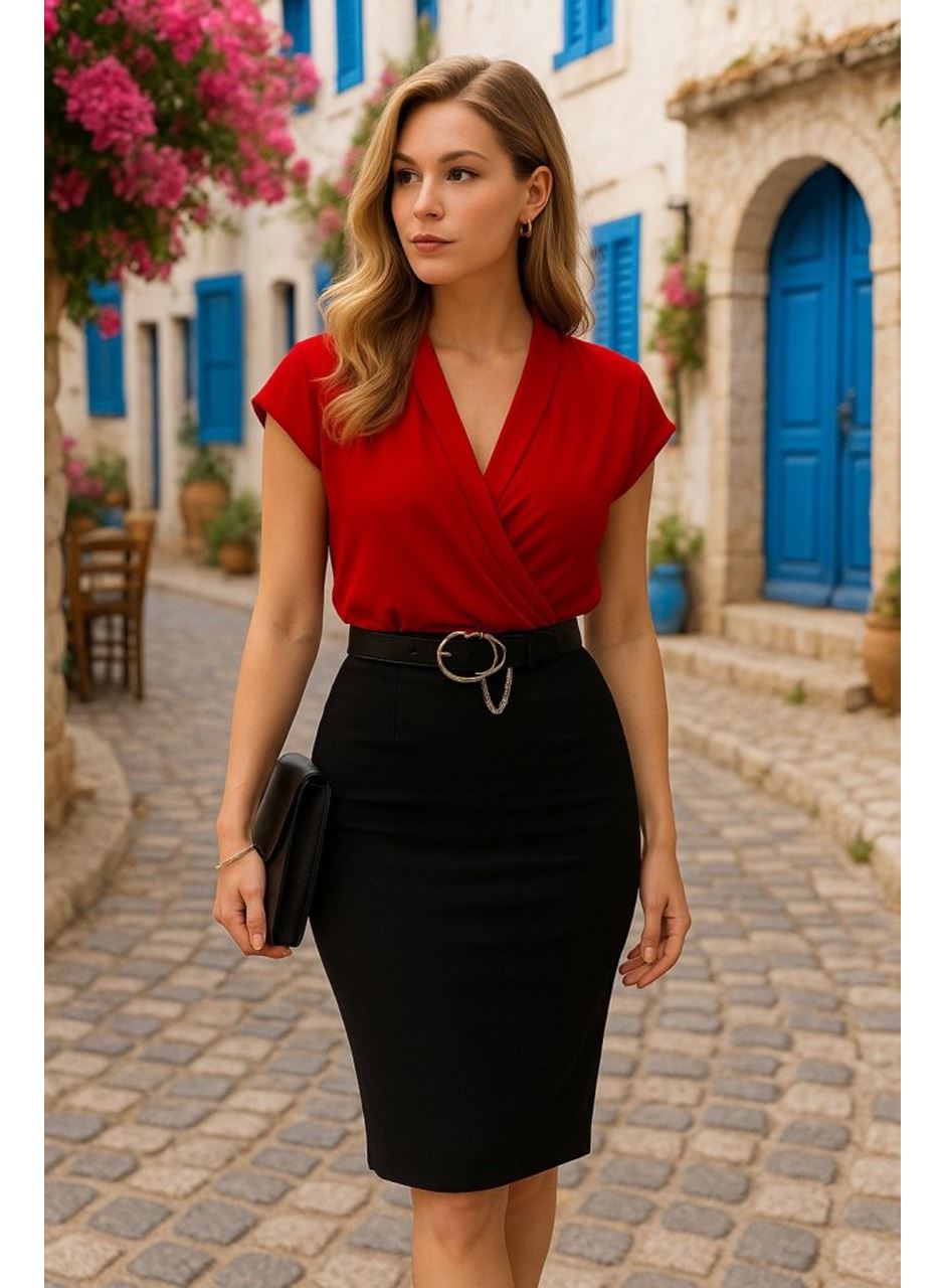 Kadın Kısa Kollu Kruvaze Yaka Krep Elbise (Kemersiz)