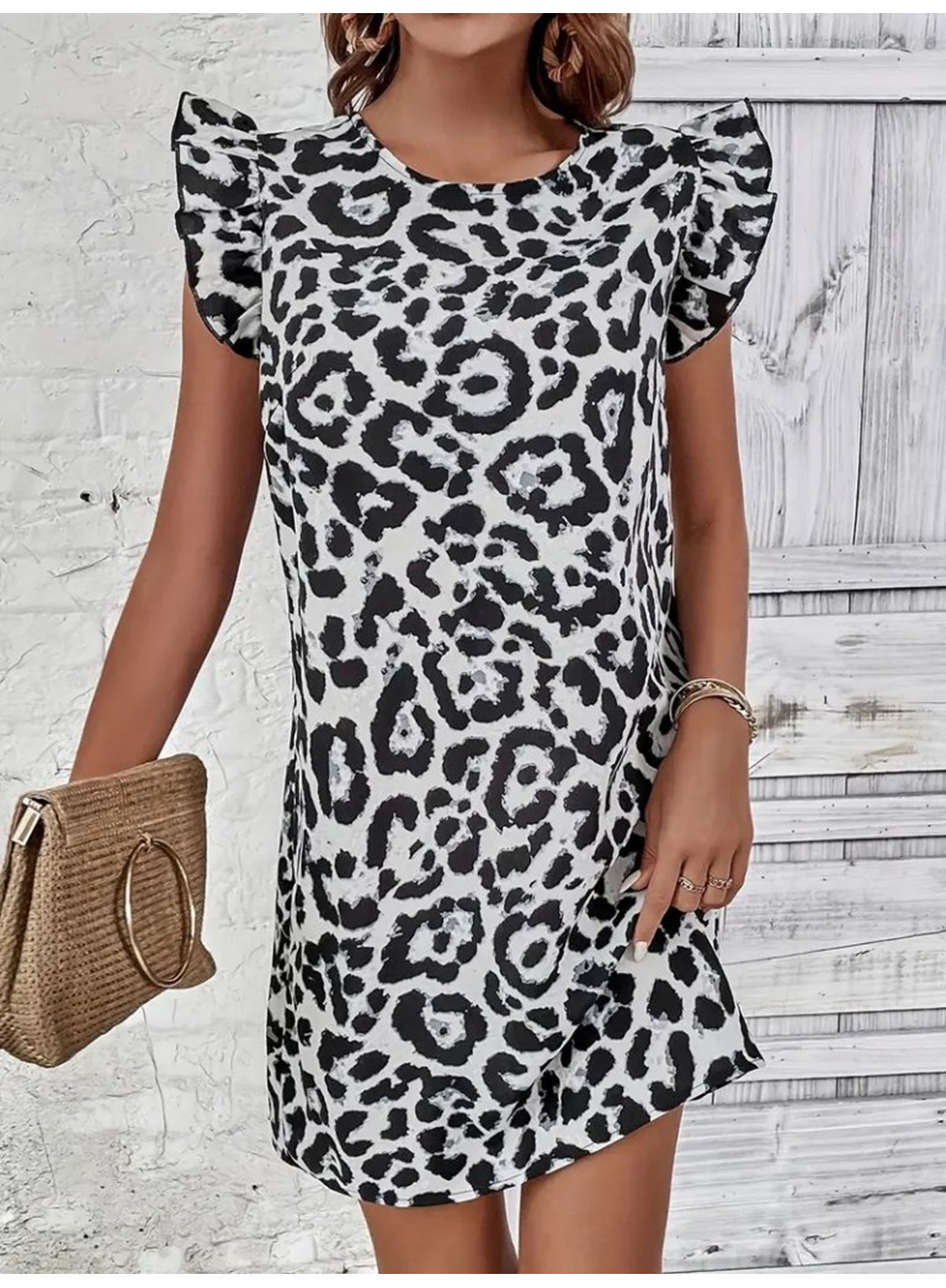 Kadın Kısa Kollu Kolları Fırfır Detay Arkası Bağlamalı Leopar Desen Kolsuz Mini Mikro Elbise