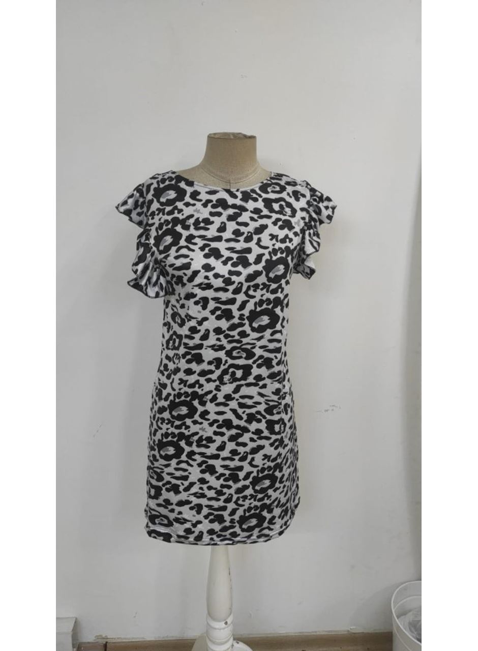 Kadın Kısa Kollu Kolları Fırfır Detay Arkası Bağlamalı Leopar Desen Kolsuz Mini Mikro Elbise