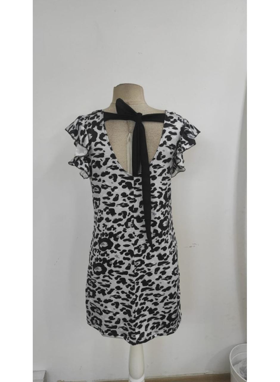 Kadın Kısa Kollu Kolları Fırfır Detay Arkası Bağlamalı Leopar Desen Kolsuz Mini Mikro Elbise