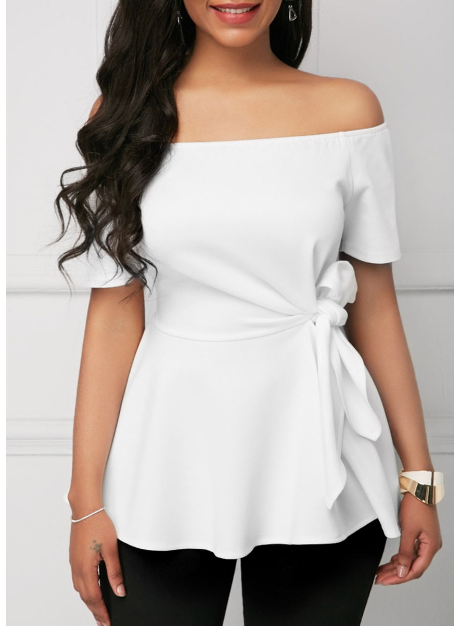 Kadın Kısa Kollu Madonna Yaka Yandan Bağlamalı Ithal Krep Bluz