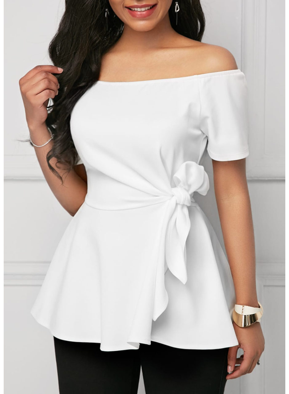 Kadın Kısa Kollu Madonna Yaka Yandan Bağlamalı Ithal Krep Bluz