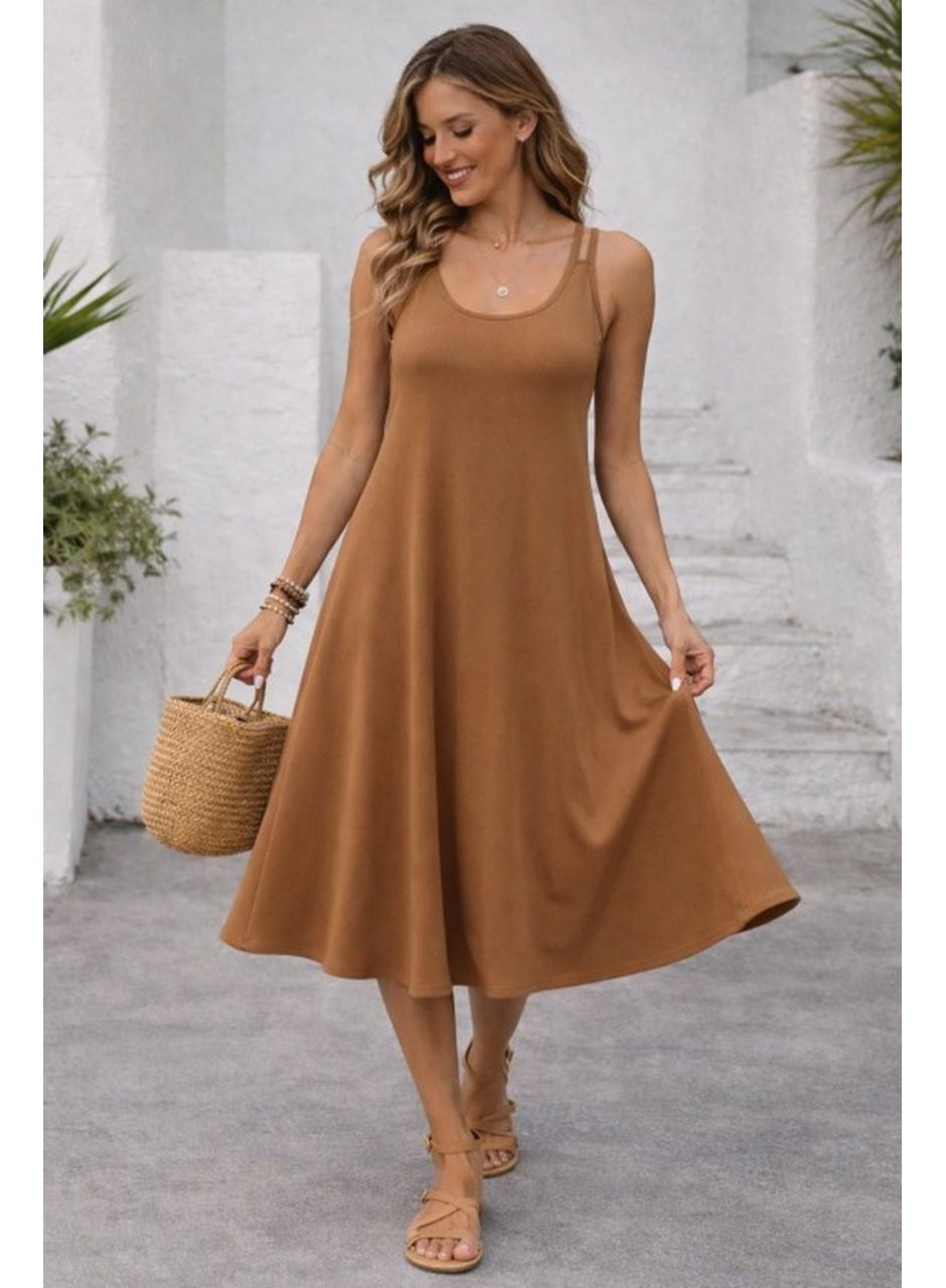 Kadın Askılı Yuvarlak Yakalı Kiloş Uzun Viskon Elbise