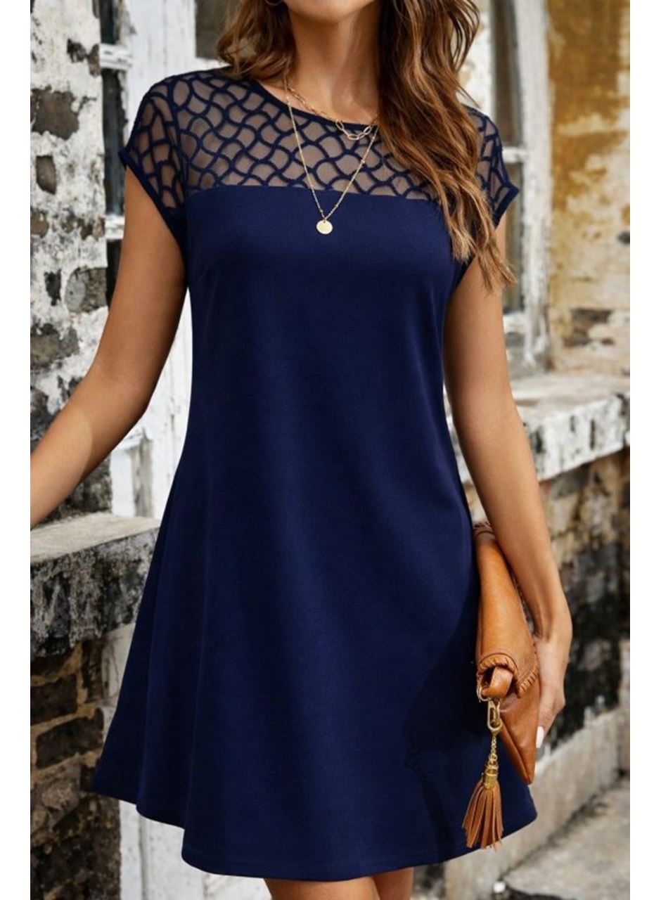 Kadın Kısa Kollu Bisiklet Yakalı Tül Detaylı Kısa Janjan Krep Elbise