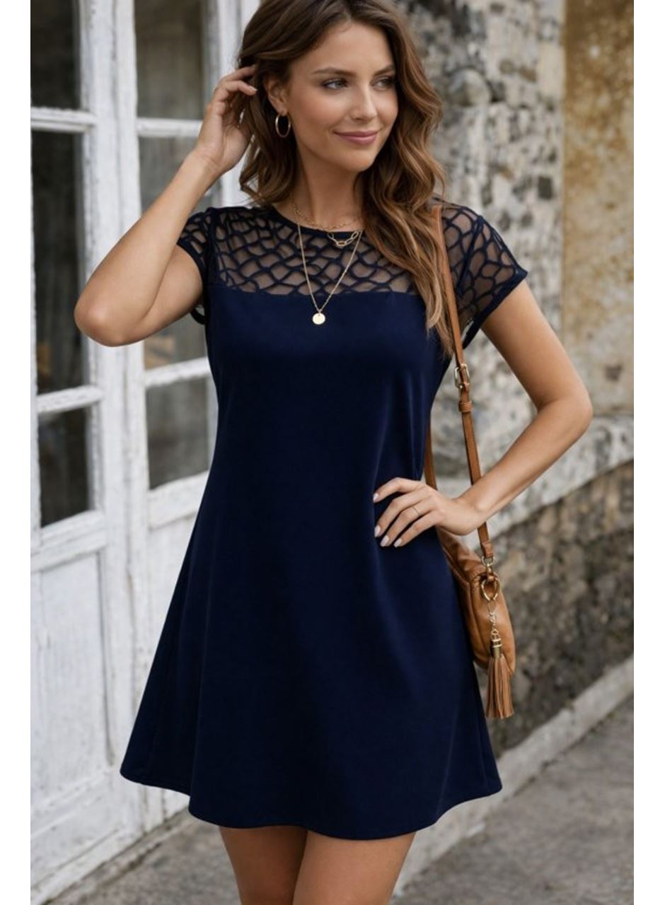 Kadın Kısa Kollu Bisiklet Yakalı Tül Detaylı Kısa Janjan Krep Elbise