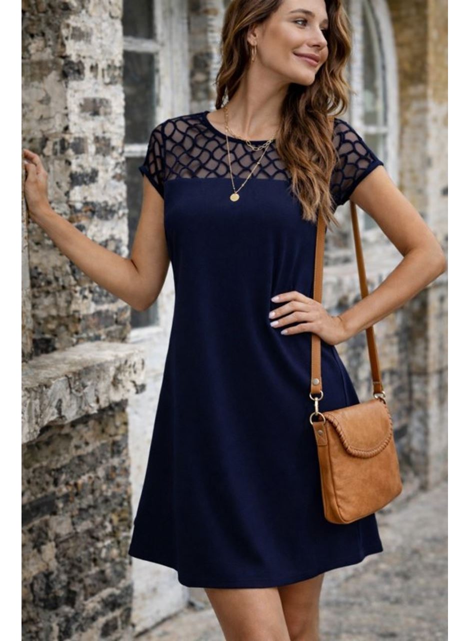 Kadın Kısa Kollu Bisiklet Yakalı Tül Detaylı Kısa Janjan Krep Elbise