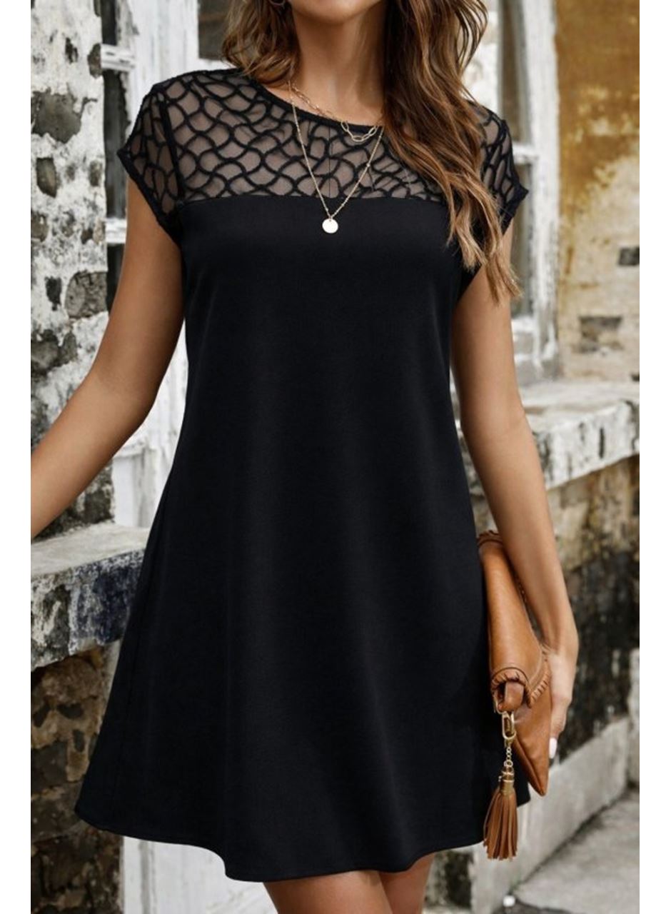 Kadın Kısa Kollu Bisiklet Yakalı Tül Detaylı Kısa Janjan Krep Elbise