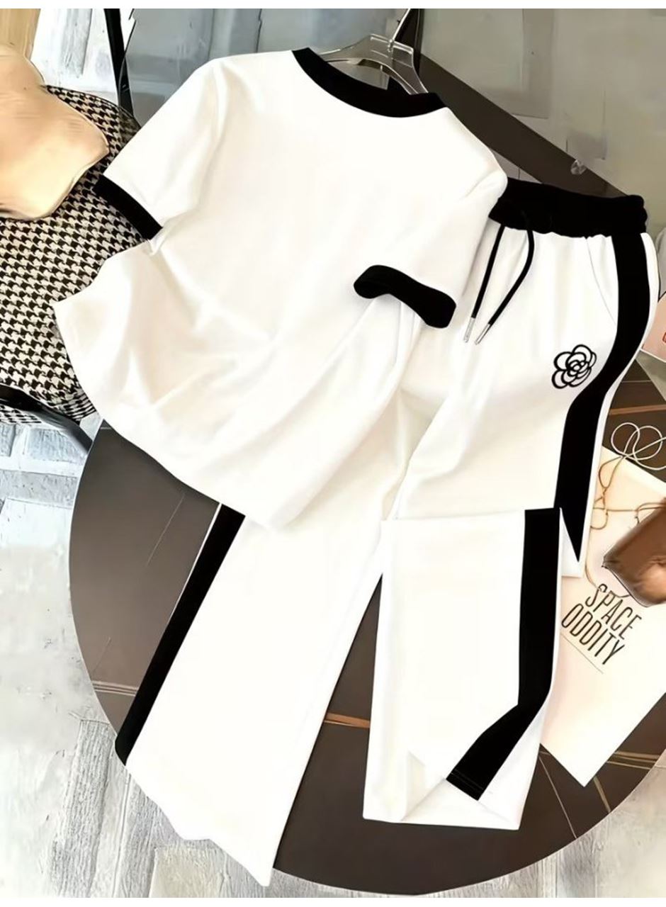 Kadın Kısa Kollu Bisiklet Yaka Viskon Iki Iplik Bluz Ve Pantolon Ikili Takım